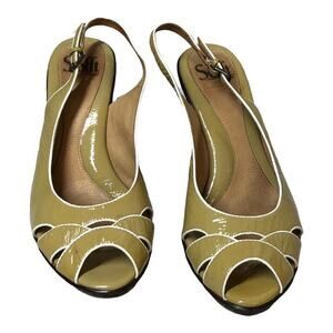 Sofft Patent Leather Peep Toe Slingback Heels Wedge Shoes Gold Size?